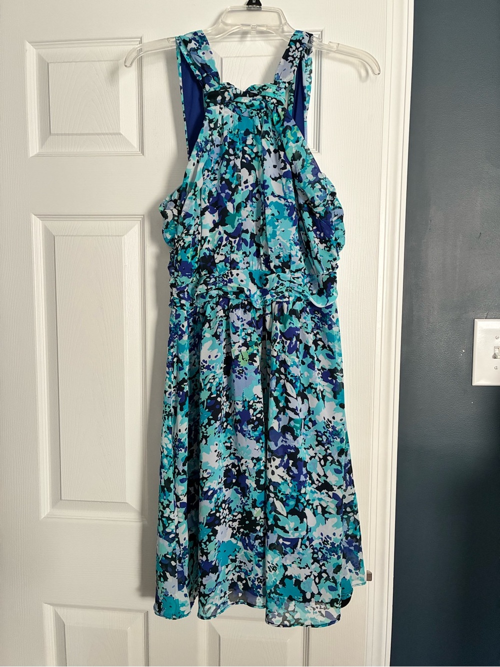 New York & Company Blue Teal Floral Halter Dress